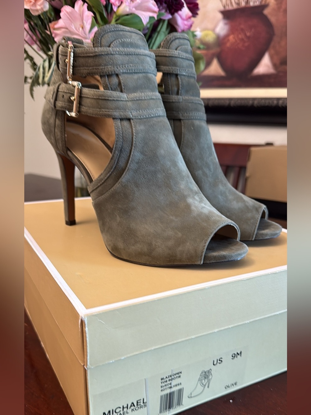 Michael Kors BLAZE Suede Open‑Toe Booties – Olive – Size 9M